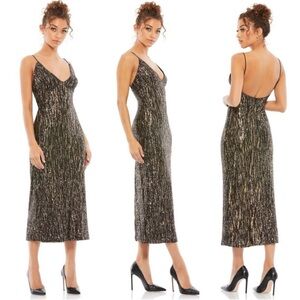 NWT Mac Duggal Luminous V-neckline Sheath Dress In Gold And Black Size 8